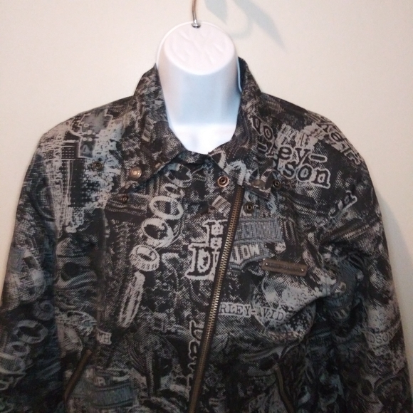 Harley-Davidson News Print Patterned Black & Gray Moto Jacket - Picture 7 of 16